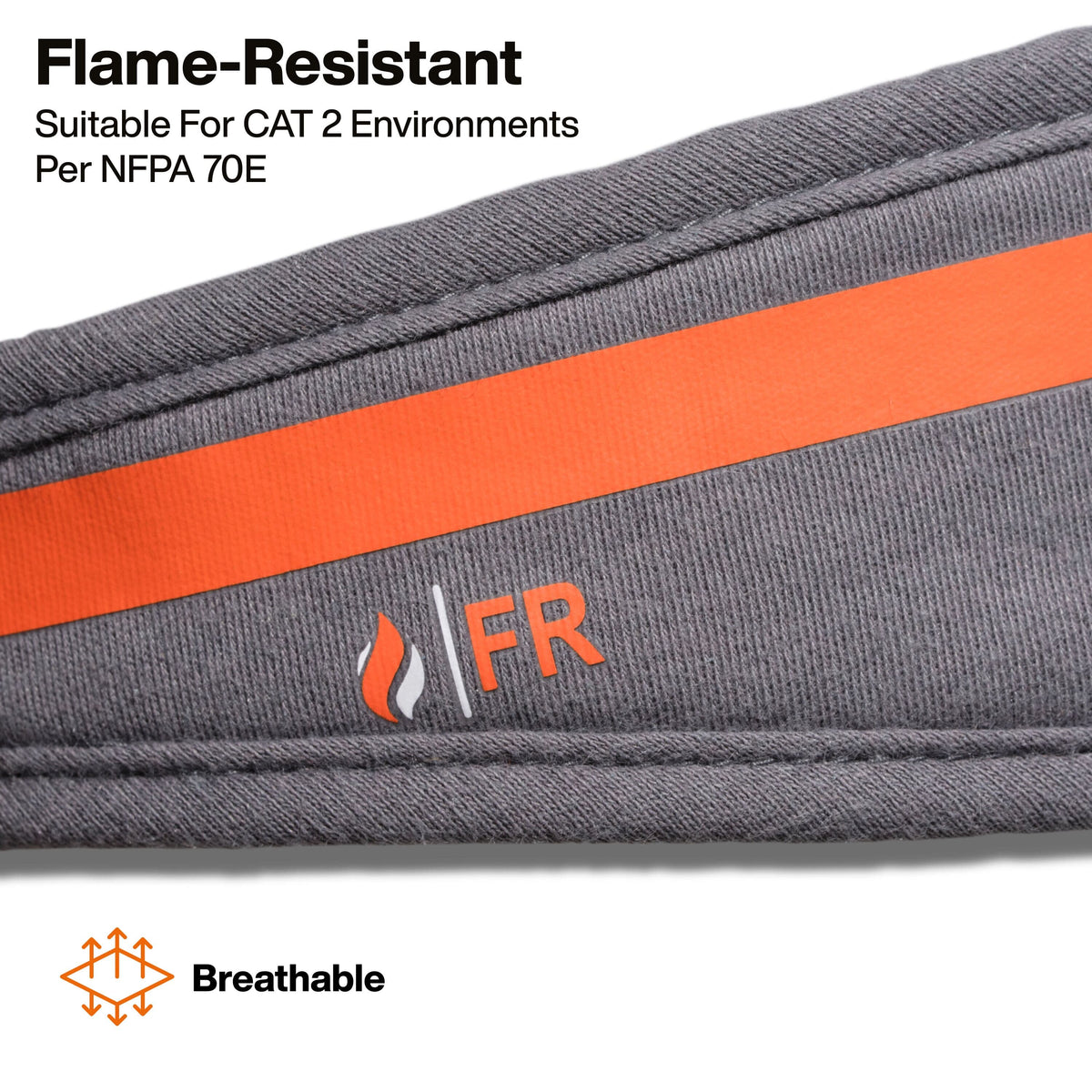Gray flame-resistant belt with orange stripe and FR logo on a white background