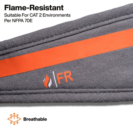 Gray flame-resistant belt with orange stripe and FR logo on a white background