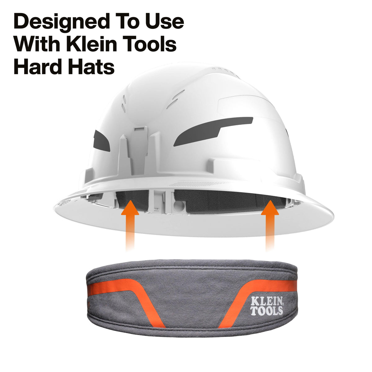 White hard hat with gray chin strap featuring Klein Tools branding on a white background.