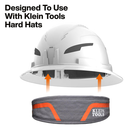 White hard hat with gray chin strap featuring Klein Tools branding on a white background.