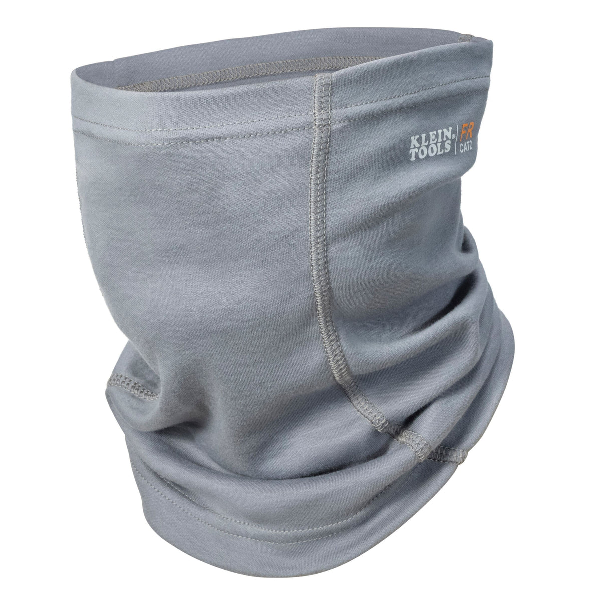 A light gray fleece neck gaiter or balaclava with a visible Klein Tools logo on the upper right side, shown against a plain white background.