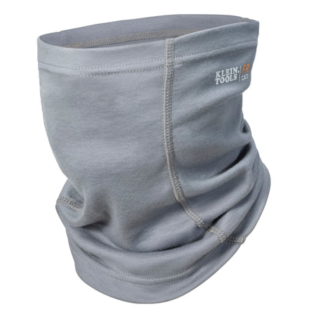 A light gray fleece neck gaiter or balaclava with a visible Klein Tools logo on the upper right side, shown against a plain white background.