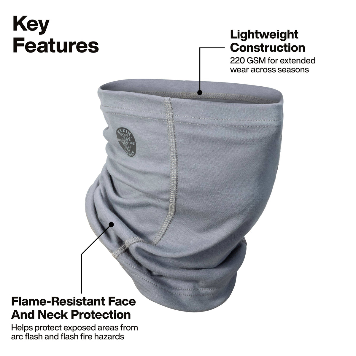 A light gray neck gaiter or face covering shown on a white background with callout text and arrows highlighting key features, including lightweight construction and flame-resistant face and neck protection.