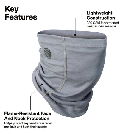 A light gray neck gaiter or face covering shown on a white background with callout text and arrows highlighting key features, including lightweight construction and flame-resistant face and neck protection.