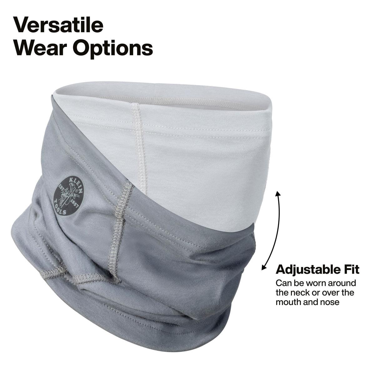 A gray and white neck gaiter shown on a white background with text reading 'Versatile Wear Options' and 'Adjustable Fit,' plus a circular logo on the side.