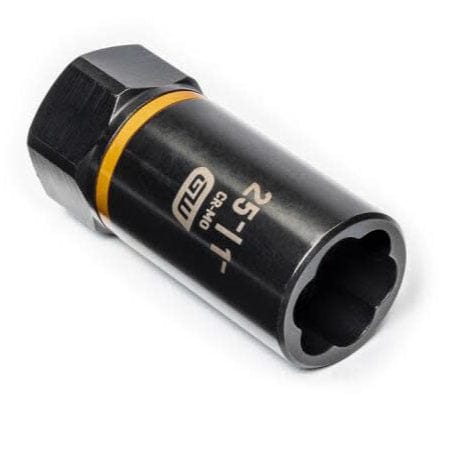 The image shows a Gearwrench 86080 1/2 inch Drive Bolt Biter Impact Deep Extraction Socket. It is a cylindrical tool, primarily black with an orange band around its middle, featuring text markings "25-11-" and "CR-MO" on its side, and a multi-lobed opening at one end for gripping stripped fasteners.