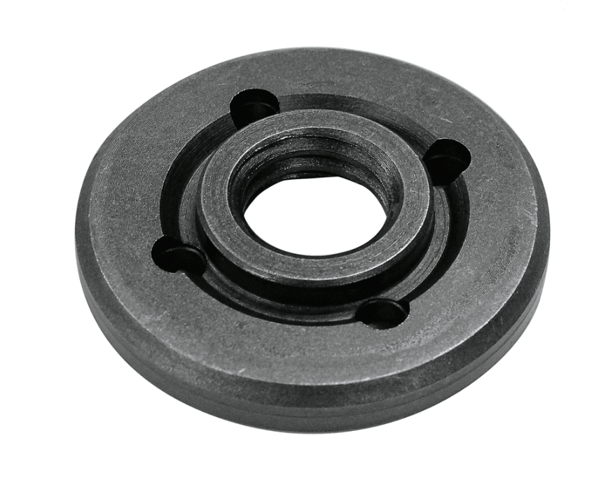 A dark gray cast metal bearing locknut with a threaded center bore and four pre-drilled mounting holes, shown on a solid white background.