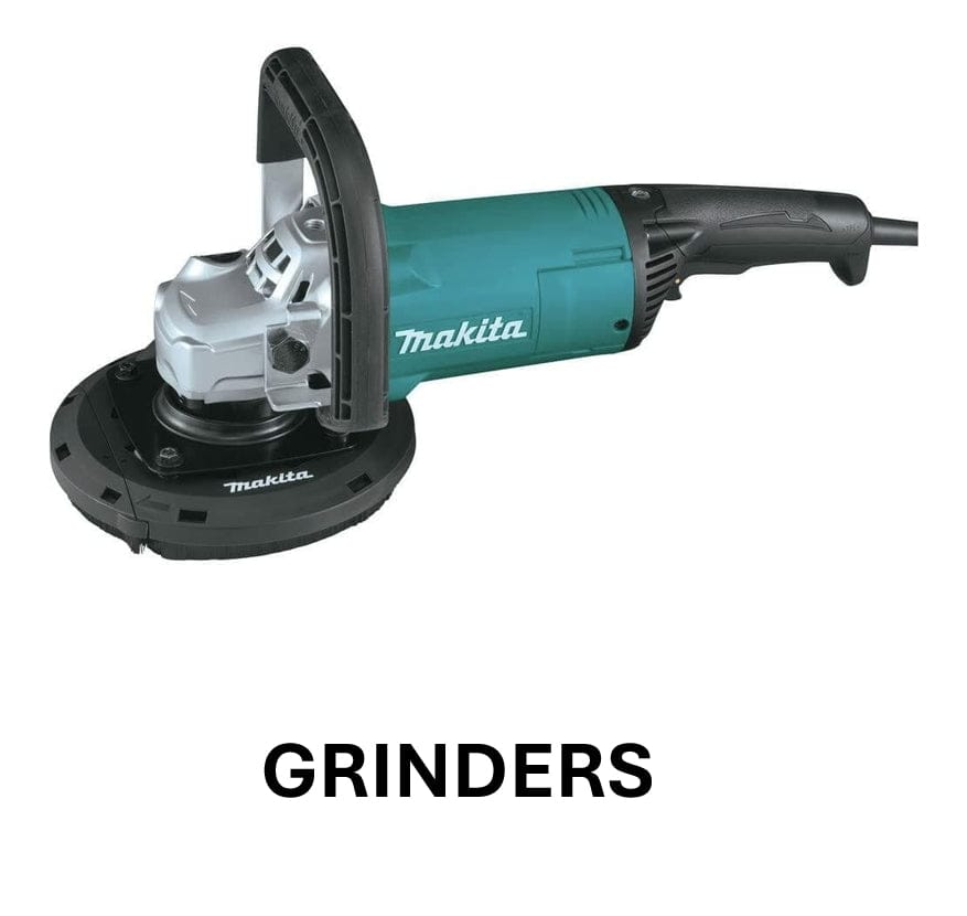 Makita angle grinder on a white background with 'GRINDERS' text below.