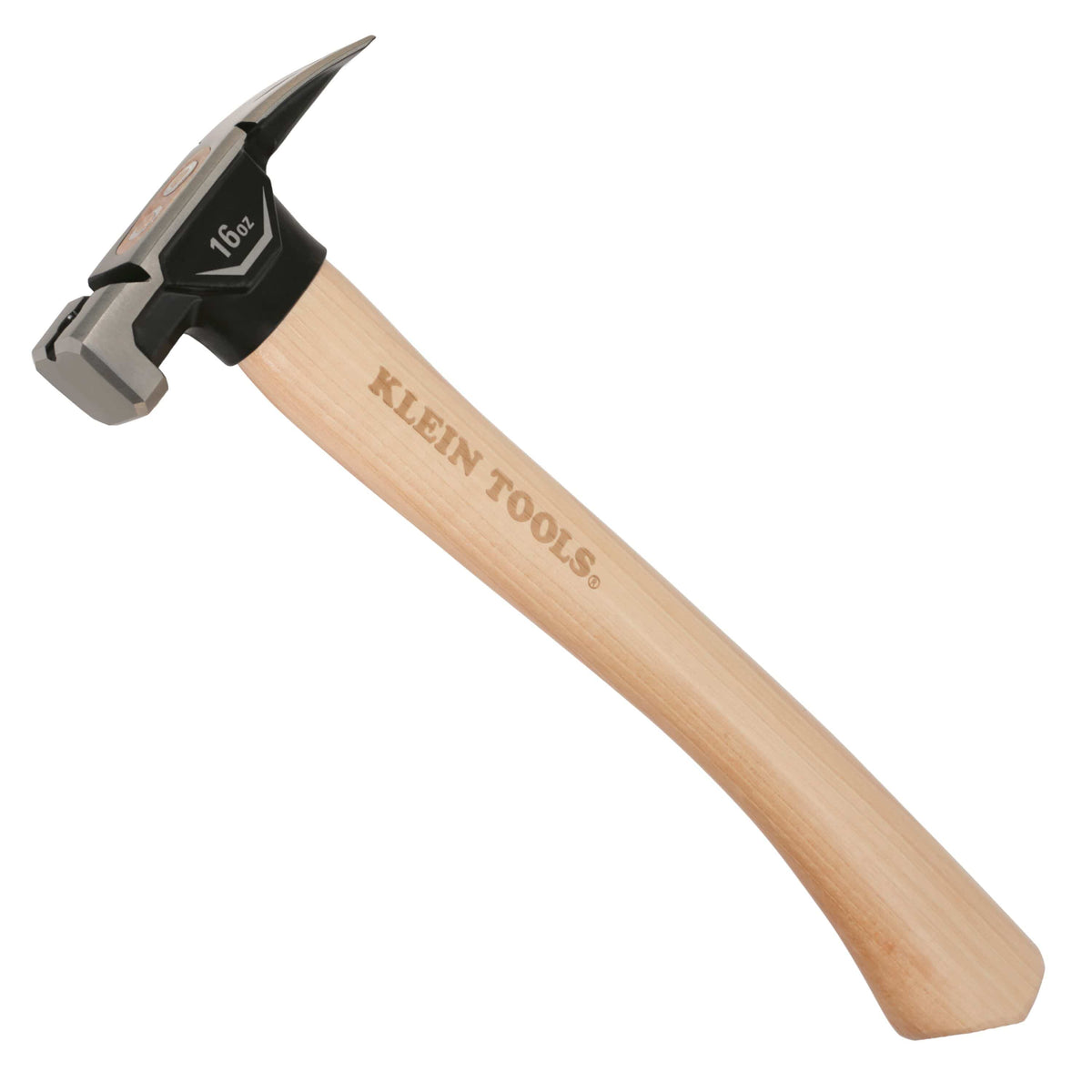 A 16 oz claw hammer with a light natural wood handle and a black and silver head, featuring the brand name 'KLEIN TOOLS.' engraved on the handle, set against a plain white background.