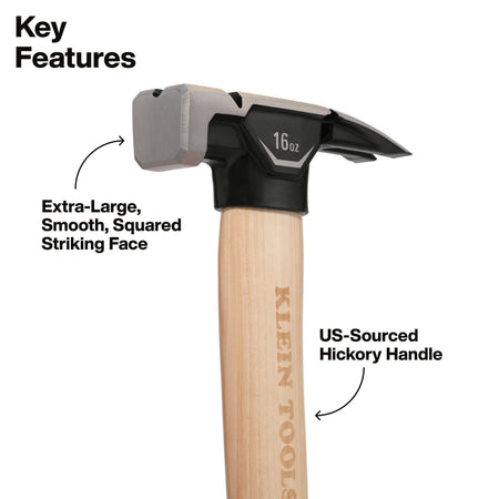 A 16 oz claw hammer with a light wood hickory handle and black and silver head, shown on a white background with text highlighting key features.