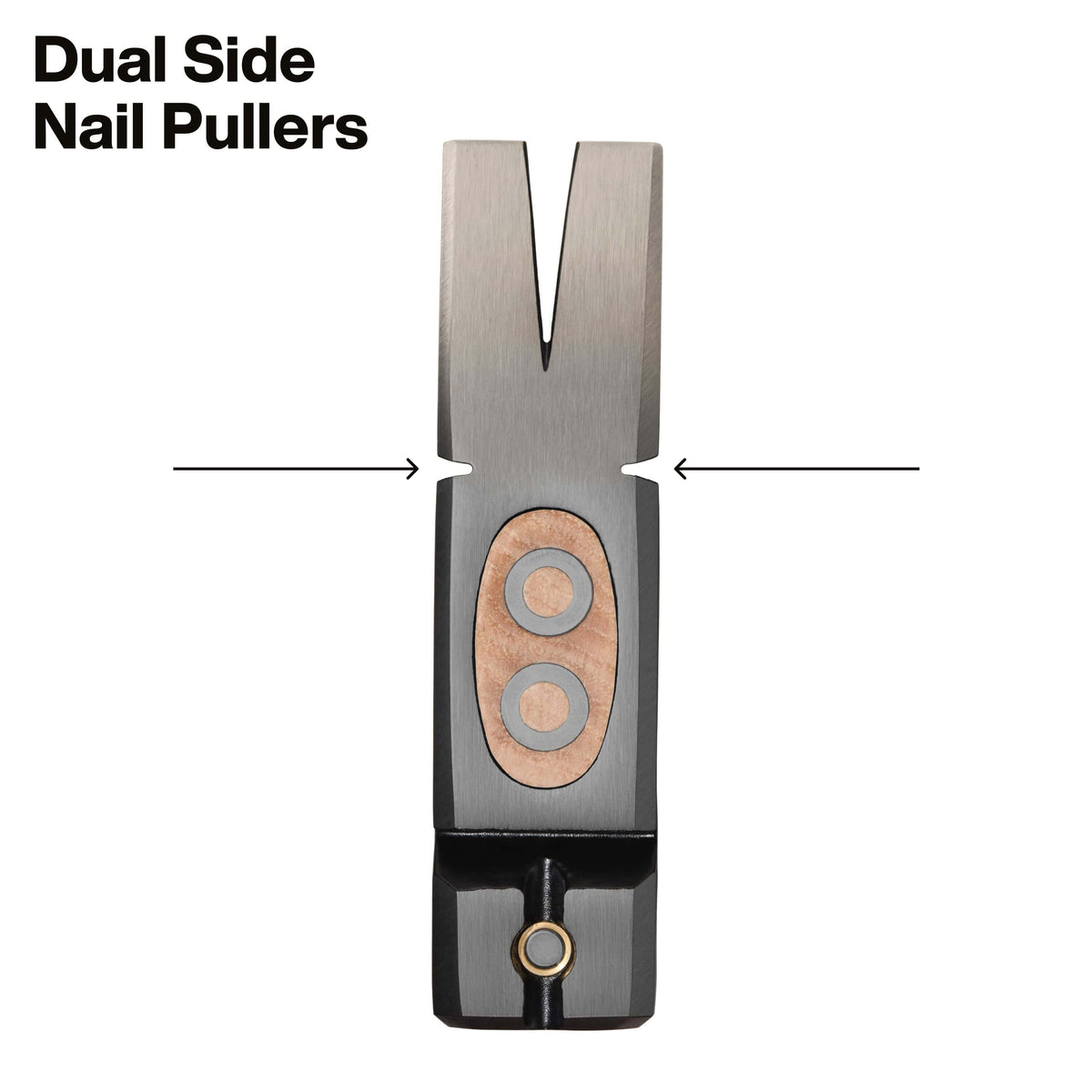 A metal nail puller tool with a brushed silver body, a wood inlay, and a small gold-toned ring at the bottom, shown on a white background with text reading 'Dual Side Nail Pullers' and arrows indicating both sides.