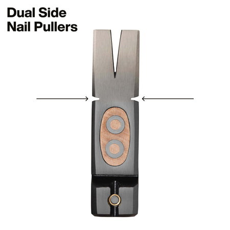 A metal nail puller tool with a brushed silver body, a wood inlay, and a small gold-toned ring at the bottom, shown on a white background with text reading 'Dual Side Nail Pullers' and arrows indicating both sides.