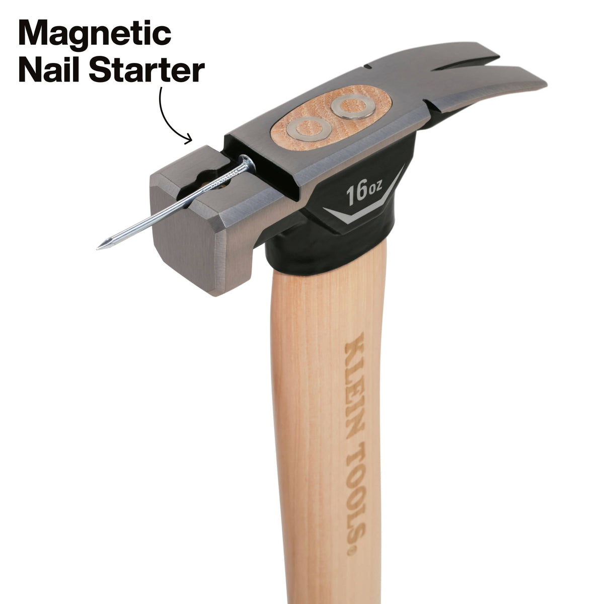 Klein Tools 16 oz claw hammer with a magnetic nail starter attachment, shown on a white background with a text label 'Magnetic Nail Starter'.