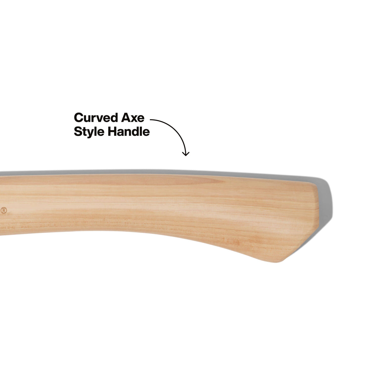 Close-up of a curved natural wood axe handle with a gray metal head edge, labeled 'Curved Axe Style Handle' on a white background.
