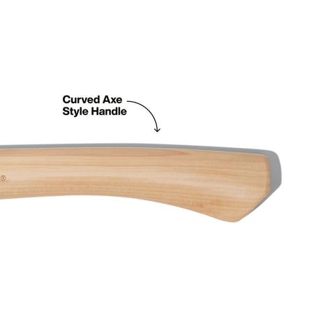 Close-up of a curved natural wood axe handle with a gray metal head edge, labeled 'Curved Axe Style Handle' on a white background.