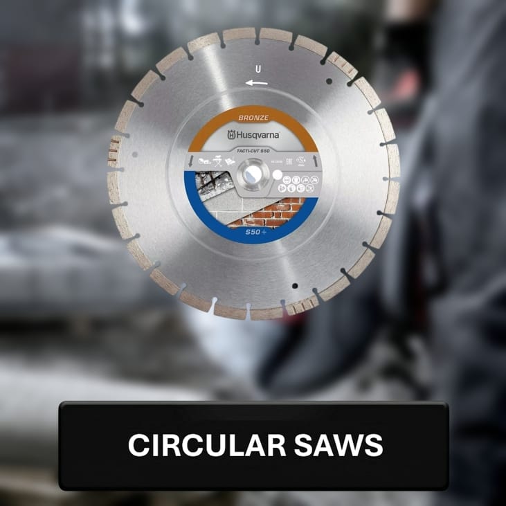 Diamond saw blade with Husqvarna branding on a blurred background with 'Circular Saws' text.