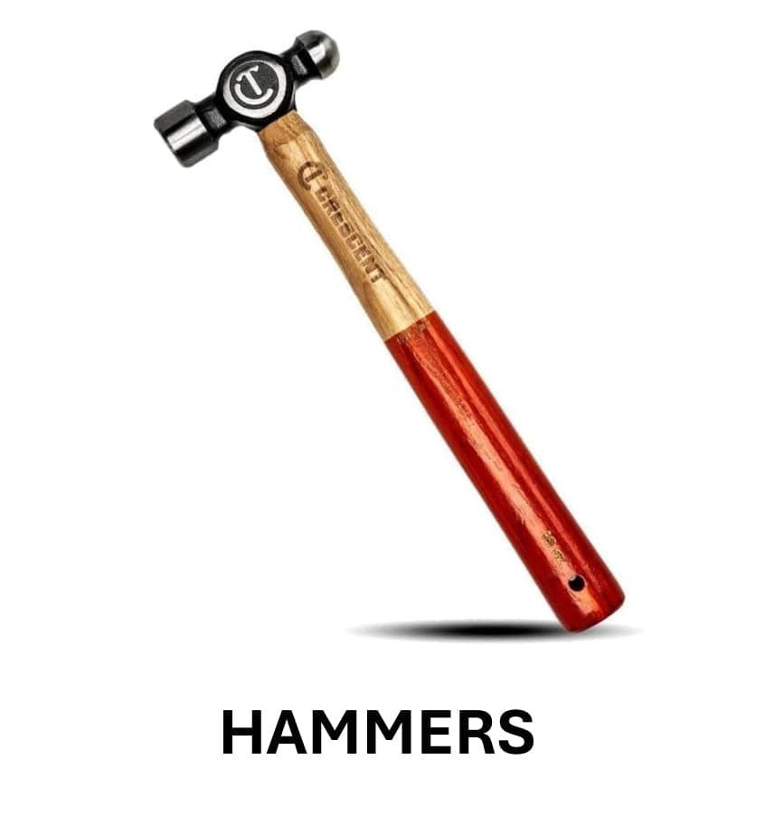 Hammer with wooden handle and metal head on a white background, labeled 'HAMMERS'.