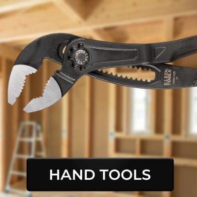Black pipe wrench with blurred workshop background labeled 'Hand Tools'.