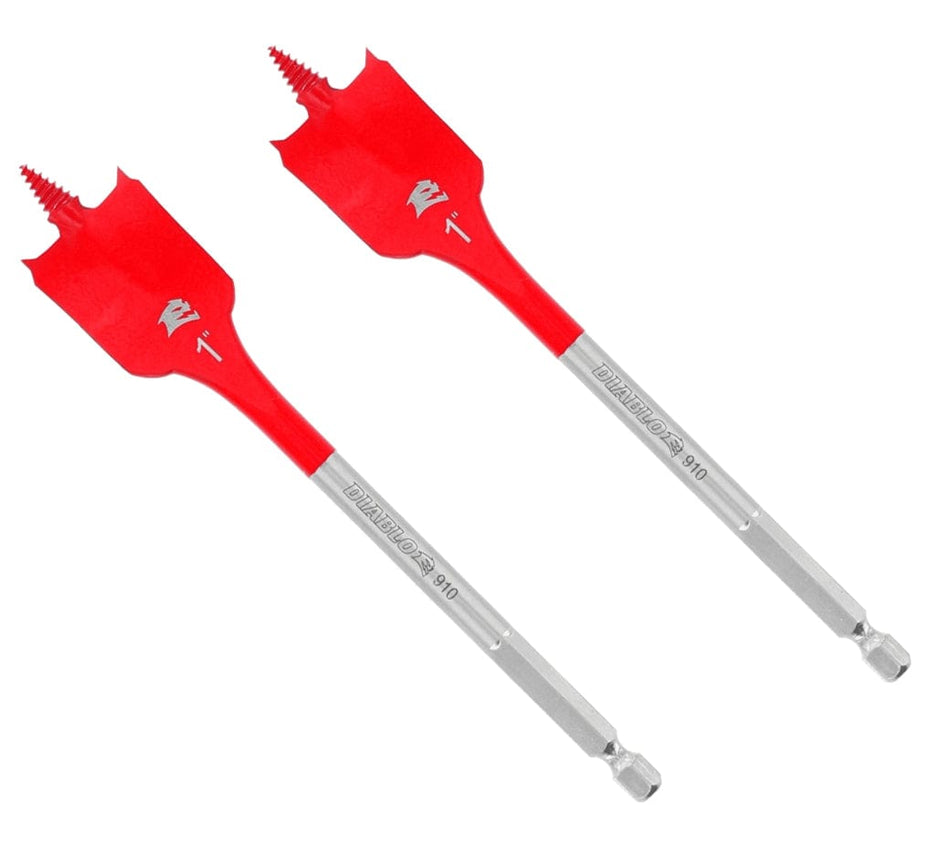 A pair of silver Diablo 1-inch SPEEDemon spade bits featuring red-painted paddles and 1/4-inch hex shanks.