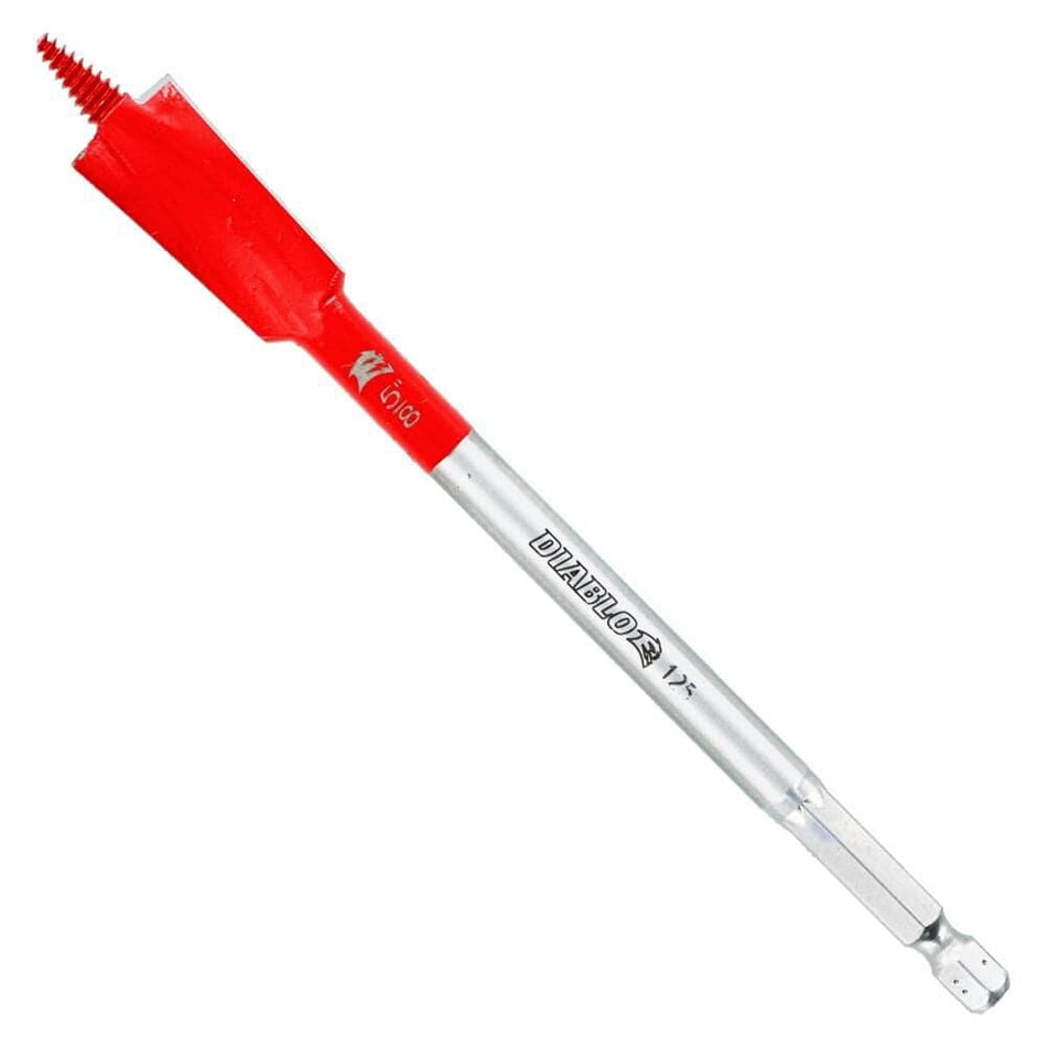 A professional studio photograph of the Diablo DSPD4020 5/8-inch Demo Demon spade bit featuring its red paddle head and silver impact-rated hex shank.
