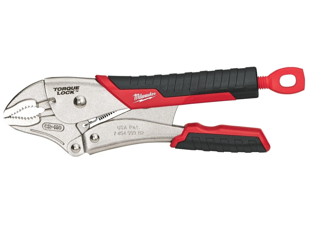 Studio shot of the Milwaukee 10-inch curved jaw locking pliers in the closed position highlighting the red comfort grip and large torque lock thumb screw loop.