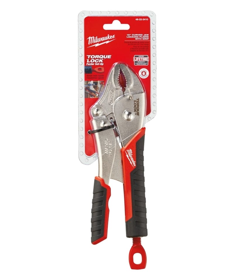 Retail packaging view of the Milwaukee 10-inch locking pliers secured on a red hanging card displaying the torque lock feature and lifetime warranty information.