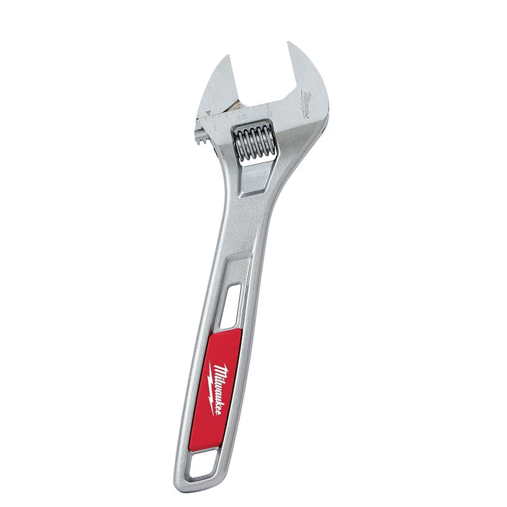 Studio shot of the 8-inch adjustable wrench featuring a chrome finish, laser-etched ruler markings on the head, and a red Milwaukee branded handle grip.