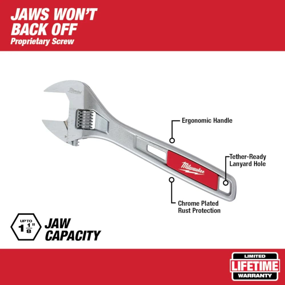 Infographic displaying the adjustable wrench with callouts pointing to the ergonomic handle, tether-ready lanyard hole, chrome-plated rust protection, and proprietary adjustment screw.