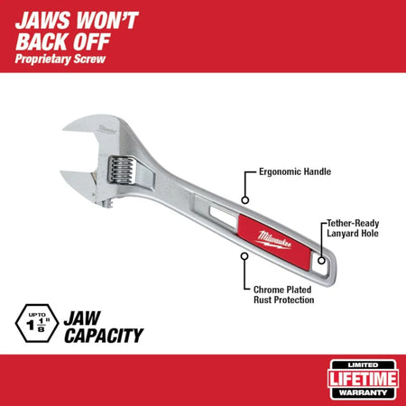 Infographic displaying the adjustable wrench with callouts pointing to the ergonomic handle, tether-ready lanyard hole, chrome-plated rust protection, and proprietary adjustment screw.