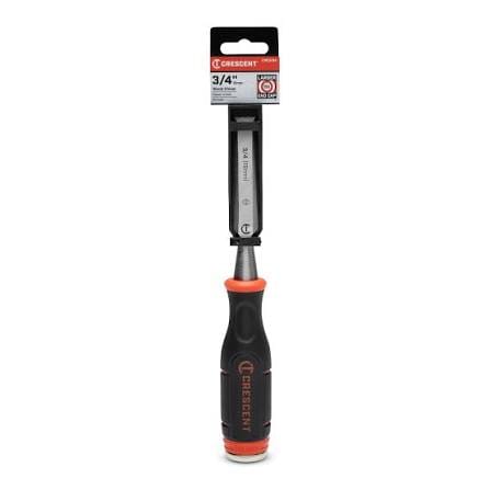 Chisel with black and orange handle on a white background, branded 'Crescent'. in packaging