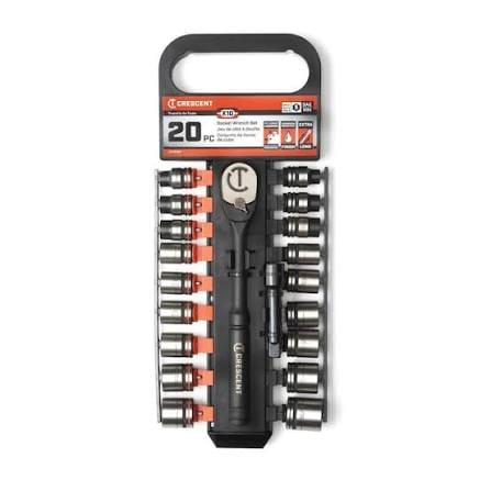 A vertical retail-hanging display organizer containing the 20-piece Crescent X10 mechanics socket set, viewed straight-on against a plain white background