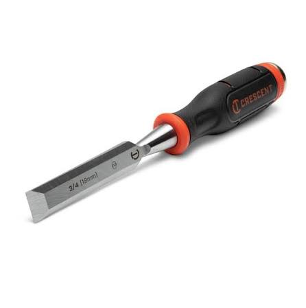 Chisel with black and orange handle on a white background, branded 'Crescent'.