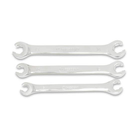 A three-piece set of polished silver flare nut wrenches is displayed horizontally against a plain white background. The wrenches are arranged from largest at the top to smallest at the bottom. Each wrench has open, C-shaped heads at both ends with narrow slots designed to fit around tubing or lines while gripping fasteners. The slim metal handles have a smooth chrome finish with lightly engraved Crescent branding and size markings.