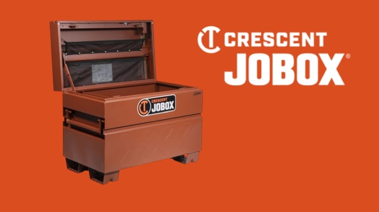 Brown tool box with 'Crescent Jobox' branding on an orange background
