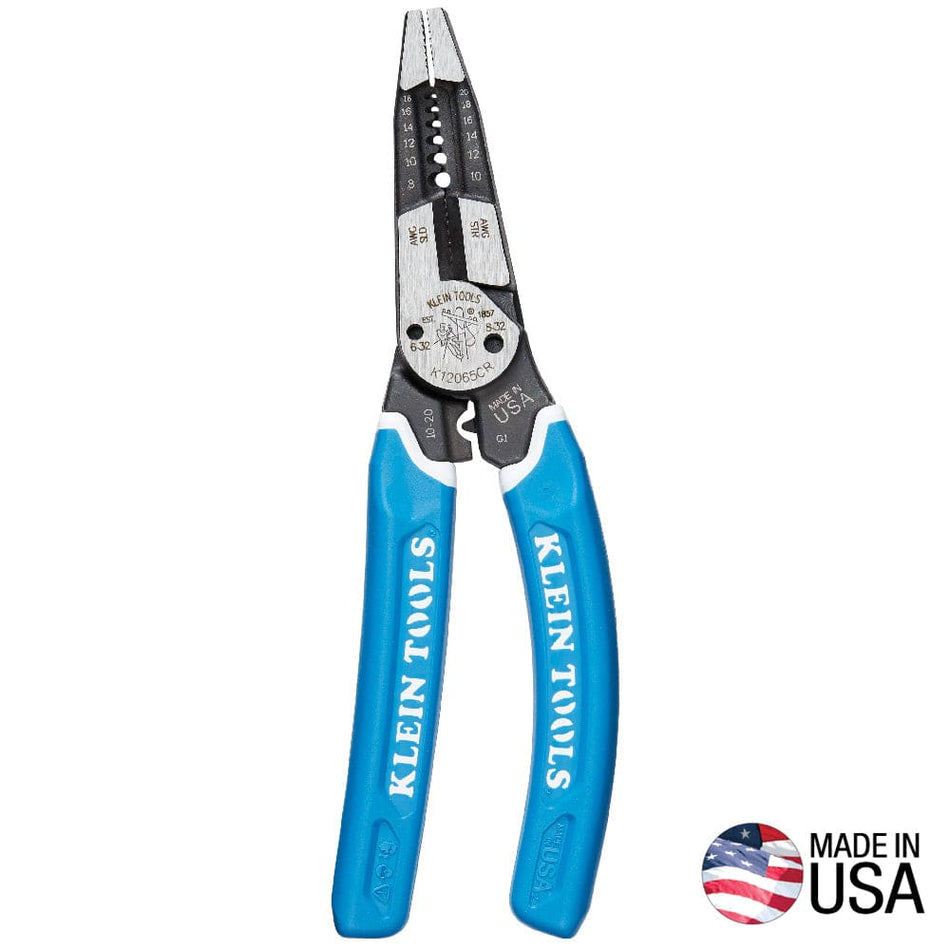 The image shows a pair of pliers with blue handles and metal jaws, positioned diagonally against a white background. The pliers have various markings and numbers along the metal jaws, and the words "KLEIN TOOLS" are printed along the blue handles. The image is cropped to show only the pliers and a small portion of the white background.