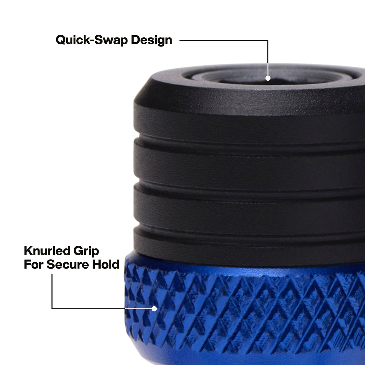 Close-up of a blue and black threaded component with callout labels reading 'Quick-Swap Design' and 'Knurled Grip For Secure Hold' on a white background.