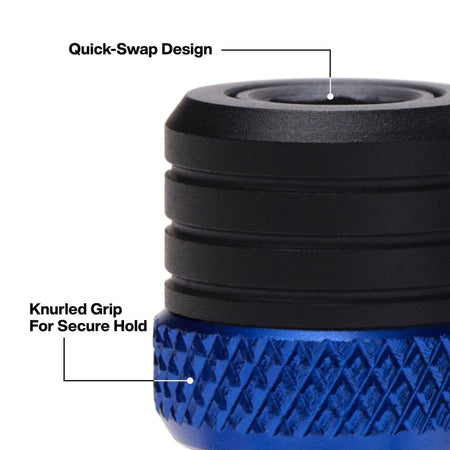 Close-up of a blue and black threaded component with callout labels reading 'Quick-Swap Design' and 'Knurled Grip For Secure Hold' on a white background.