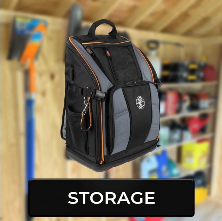 Black and gray storage bag with orange accents in a garage setting