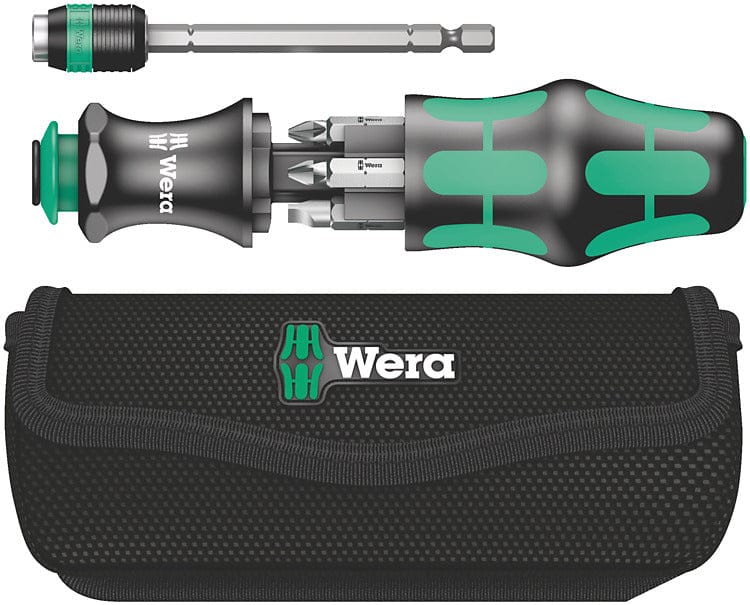 Wera - 5051021001 Kraftform Kompact 20 7-In-1 Bitholding Screwdriver with Removable Bayonet Blade (SL/PH/PZ): This image presents a tool set against a plain background, featuring a long screwdriver bit with a separate holder, a screwdriver handle containing multiple smaller bits, and a black fabric pouch bearing the "Wera" logo.
