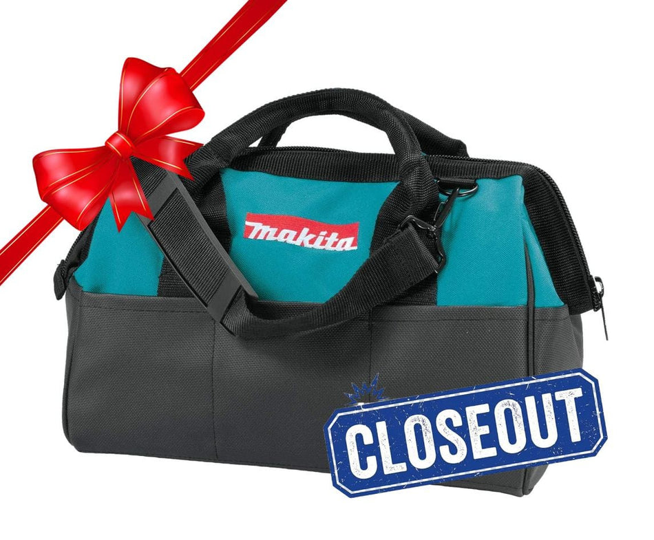 Image of Makita Heavy-Duty 14" Contractor Tool Bag. An angled shot shows a two-toned tool bag with a dark gray or black bottom and a bright teal top. The bag has two short carrying handles on top, a detachable shoulder strap, and a red and white Makita logo on the teal section with a red ribbon and a closeout banner.