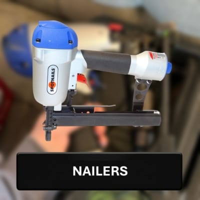 Nailer with blue and white design on a blurred background, labeled 'Nailers'.