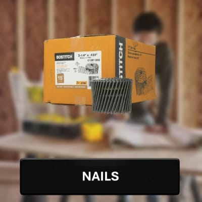 Box of nails with a blurred workshop background