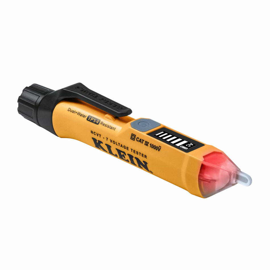 Klein Navy 7 Voltage Tester with a yellow and black body, a red translucent tip, and a clear plastic ground clip, shown on a white background.