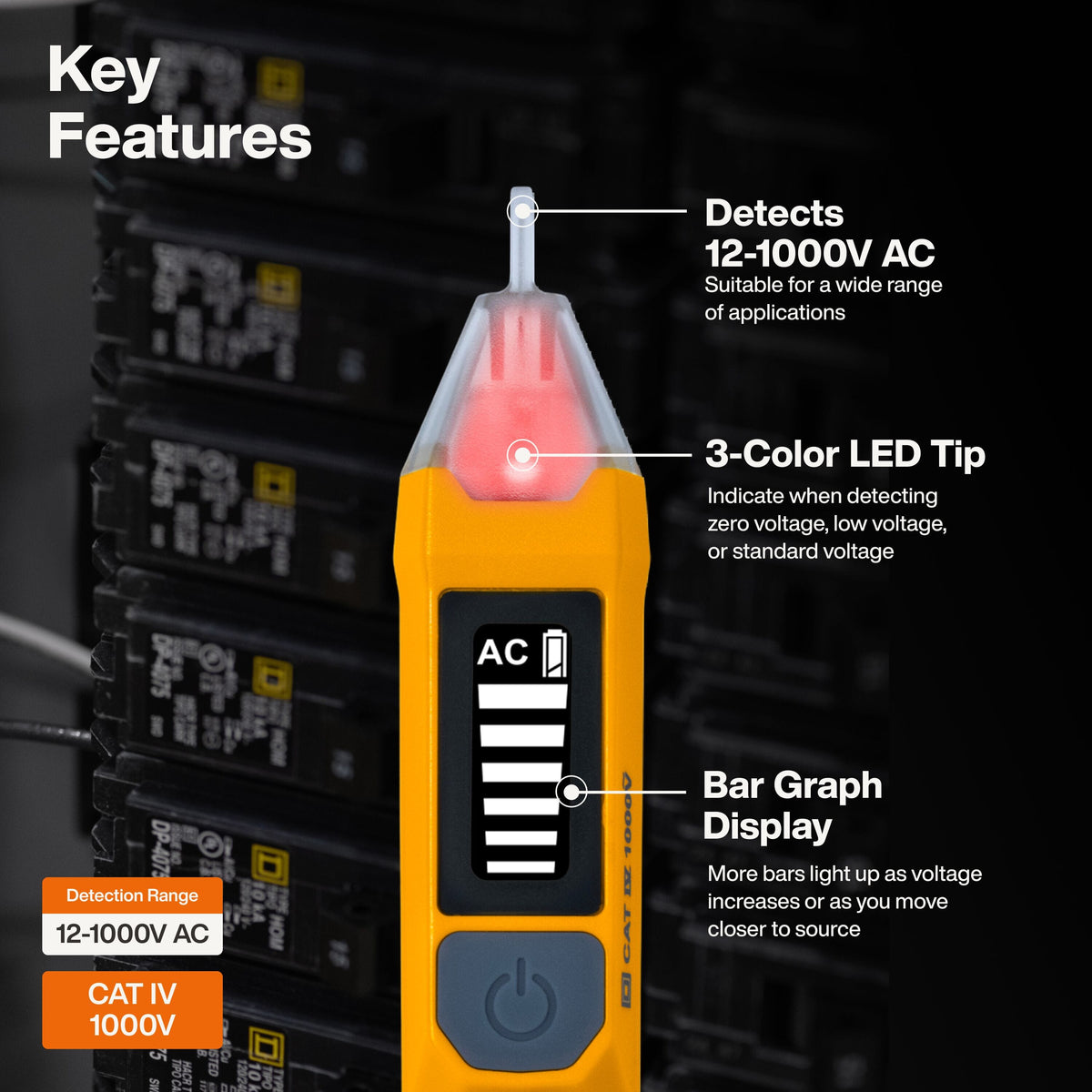 An AC voltage tester with a bright orange body and a 3-color LED tip showing red, yellow, and green lights, displayed against a dark background of electrical panels. The image includes feature callouts with text labels.