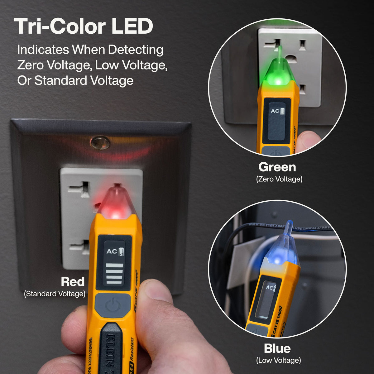 Tri-color LED AC voltage tester shown being held near wall outlets, with text explaining the green, red, and blue light indicators for zero voltage, low voltage, and standard voltage. Two circular inset photos show the tester plugged into outlets with the lights glowing green, red, and blue.