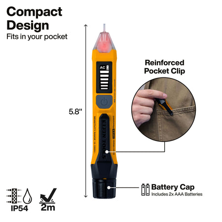 Yellow and black pocket tester multimeter with text callouts for compact design, reinforced pocket clip, battery cap, and IP54 2m rating, plus a circular inset showing a hand inserting the clip into fabric.