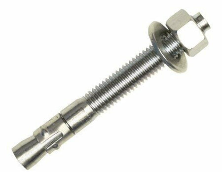 
The image shows a shiny metallic wedge anchor, a type of fastener used to secure objects to concrete or masonry. It consists of a threaded bolt with a cone-shaped expansion clip at one end, and a washer and nut at the other, suggesting it's ready for installation.