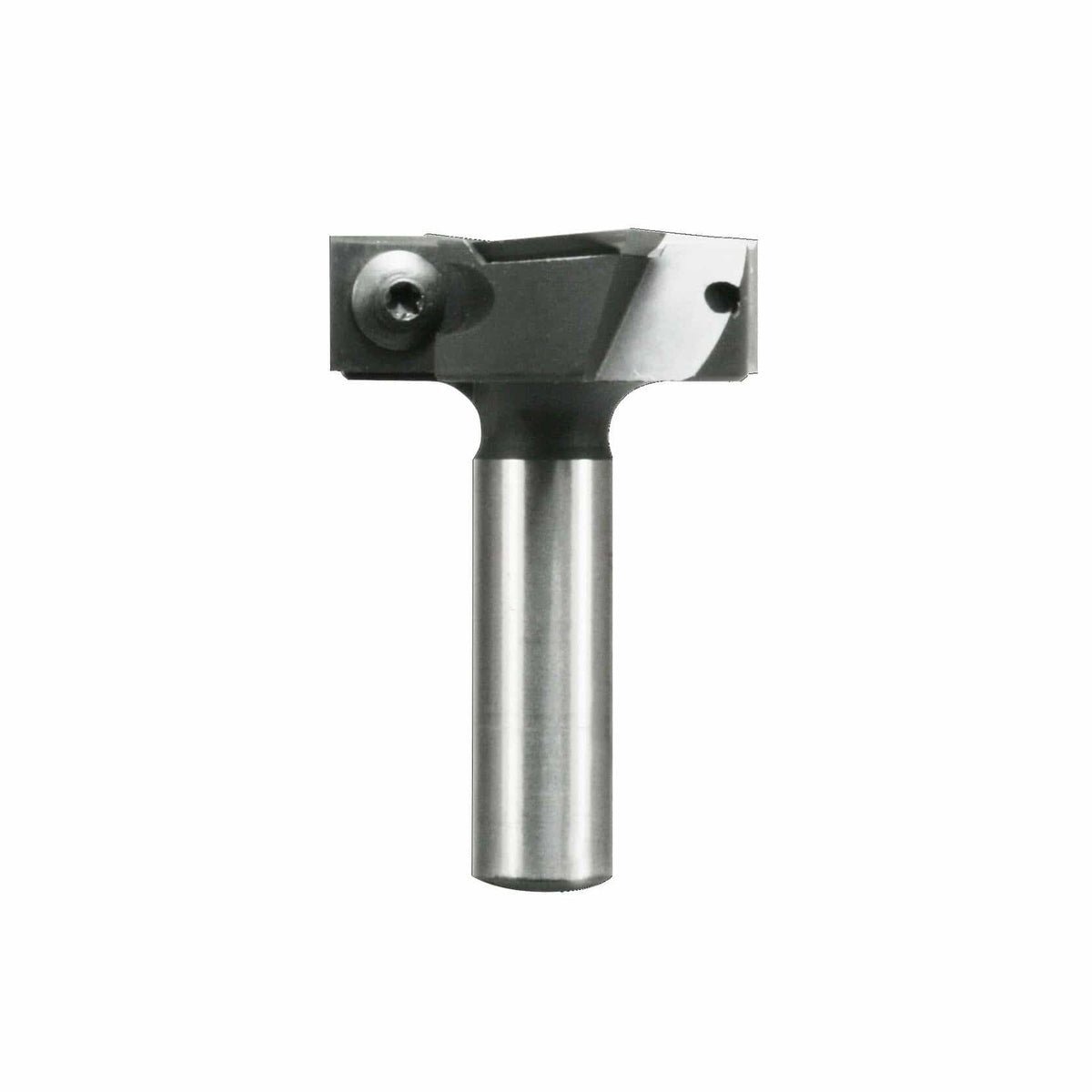 This is a vertical image of a dark grey and silver flush trim router bit, designed for woodworking. It has a flat top with a screw, and the silver shank extends downwards, with the overall design suggesting it's used for trimming edges flush with a template.