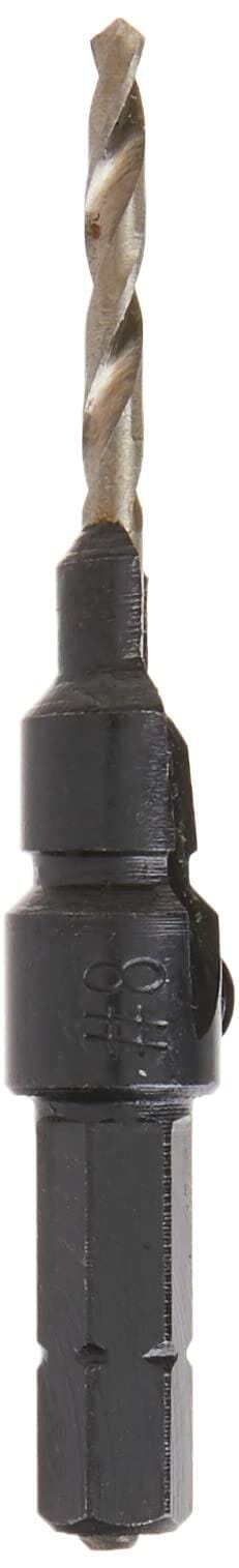 The image shows a drill bit with a countersink attachment, designed to drill a hole and a beveled recess for a screw head in one step. The top portion is a standard spiral-fluted drill bit, while the bottom is a wider, black countersink sleeve with a hexagonal shank for a quick-change chuck.