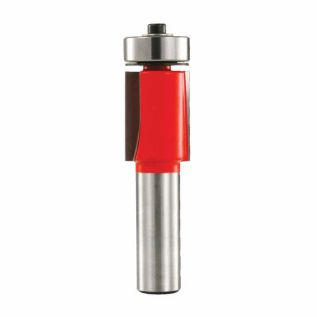 This is a close-up, vertical image of a router bit, used for woodworking. It consists of a prominent red-painted cutting body with a silver cutting edge, topped by a metal bearing, and a smooth, silver cylindrical shank extending downwards.